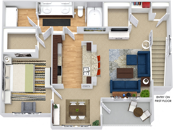 Floor plan for 1 bed, 1 bath, 987 sqft